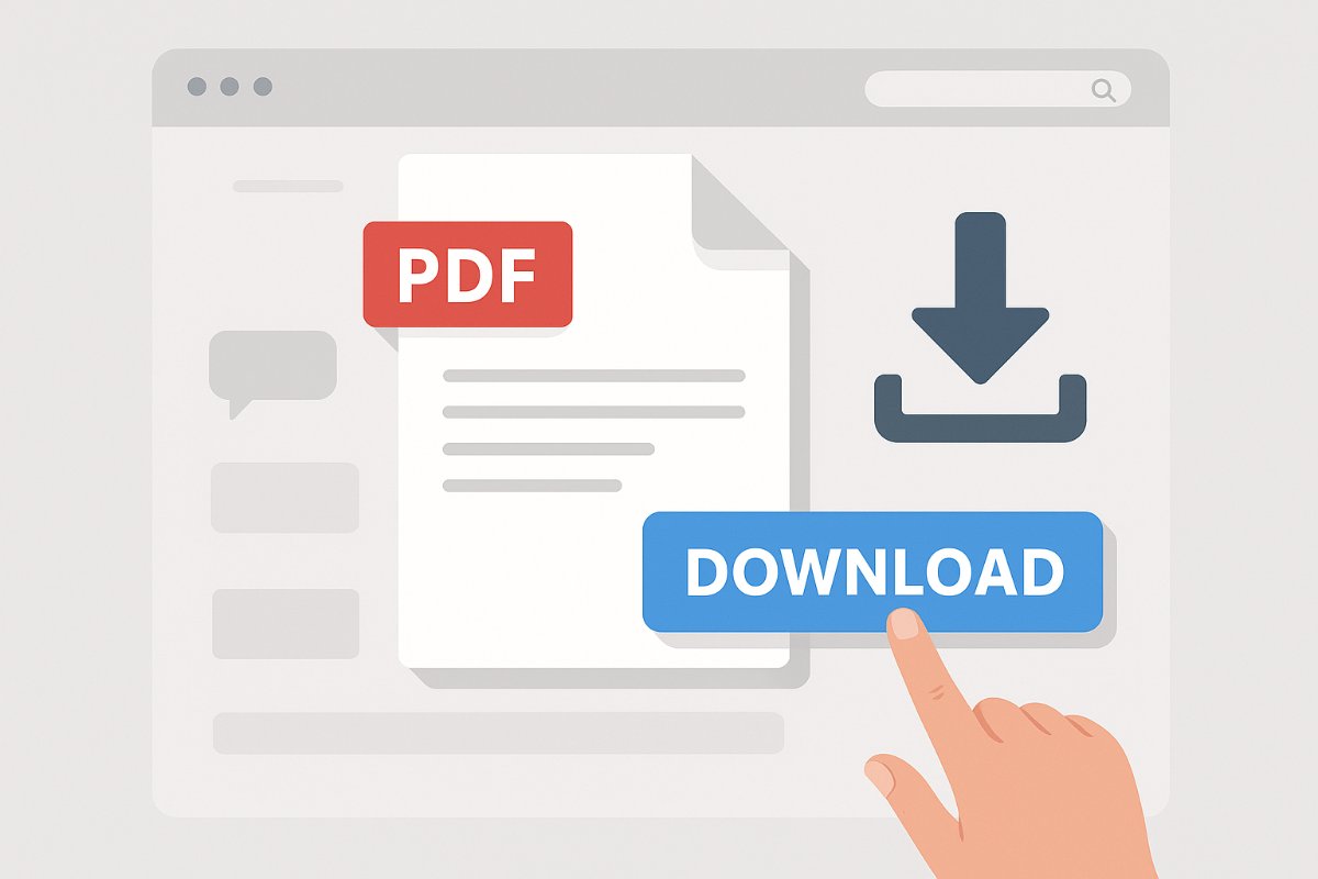 Ícone de download ao lado de uma folha de teste em PDF
